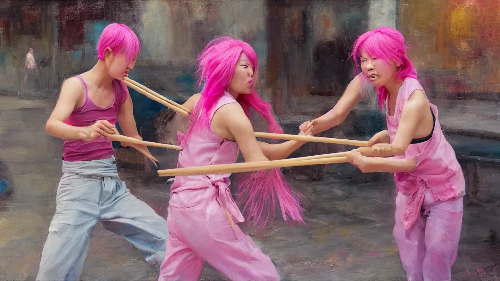 Image similar to asian person with chopsticks fighting a turkish person with pink hair, cinematic, 4 k, oil painting