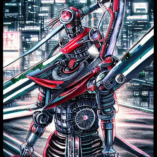 Prompt: beautiful hyper-detailed full colour manga illustration of a robot ninja warrior with a sword, standing on top of a modified Nissan skyline r34, cyberpunk, dystopian, neon, rain