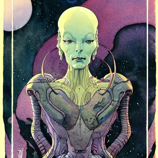 Image similar to a simple and atmospheric watercolour portrait of a pulp sci - fi alien queen, very muted colors, by rebecca guay, michael kaluta, charles vess and jean moebius giraud