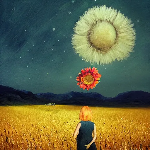 Image similar to giant daisy flower as a head, girl walking in wheat field, hills, surreal photography, moon light, dark night, star trails, dramatic light, impressionist painting, clouds, digital painting, artstation, simon stalenhag