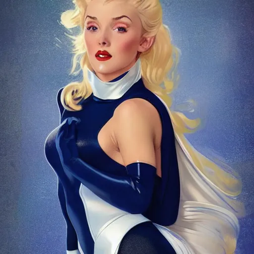 Prompt: a beautiful pin - up portrait of a beautiful cute superhero woman, blonde hair, matte navy - blue bodysuit, white cape, intricate, elegant, 8 k, highly detailed, digital painting, concept art, smooth, sharp focus, illustration, by norman rockwell and artgerm and loish and wlop and alphonse mucha