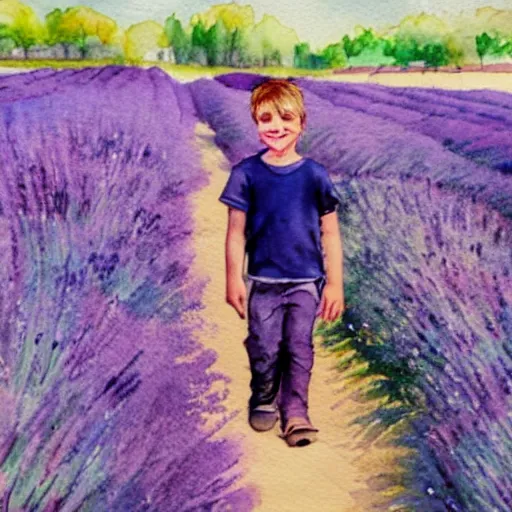 Image similar to a young boy walking in a field of lavender, talking on the phone and smiling, watercolour painting, french style,