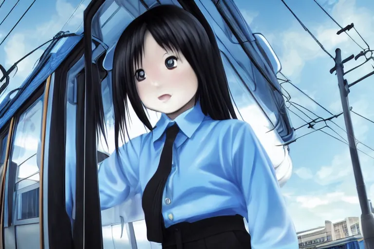 Prompt: japanese style, a 1 5 - year - old girl with long black hair, wearing a black uniform and sky blue short skirt, blue pupils, blue tie, carrying a black backpack, watching the tram slowly approaching at the tram stop, surrealism, movie level realism, virtual engine 5, detail texture, real light and dark composition, mixer rendering