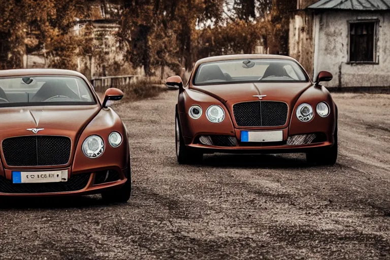 Image similar to modern rusty matte tired Bentley Continental GT without gloss no reflections drives along the road of an old Russian village with houses at the edges