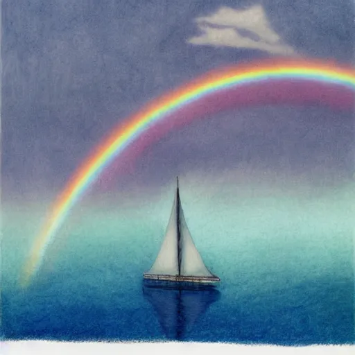 Image similar to etching peaceful by makoto shinkai, by donna huanca. a beautiful drawing of a sailboat sailing on a sea of clouds, with a rainbow in the background. the sailboat is crewed by a group of monkeys, & the sails are billowing in the wind.