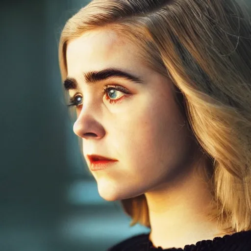 Prompt: close - up photo still of kiernan shipka as sabrina morningstar looking off into the distance, medium - length blond hair, black dress, realistic, golden hour, backlightning, photorealistic, ultra detailed, intricate, natural light falling on her face. the focus is on her eyes and brows, fujifilm x - pro 2, by annie leibowitz