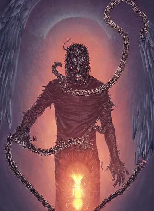 Prompt: lucifer, dark angel, hybrid human with snake, red eyes, chain, handcuffs, large chain, wide open mouth, scream, cruelty, sea bottom, light effect, highly detailed, artstation, concept art, matte, sharp focus, illustration, by dan mumford, yusuke murata, makoto shinkai, ross tran