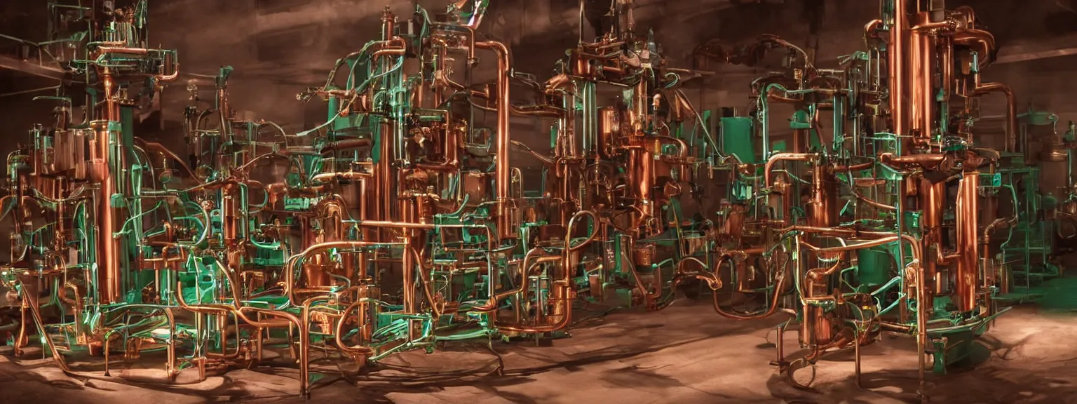 Image similar to a super high resolution film still of machine apparatus for making snake oil, huge copper machine fed by a hopper of snakes, purple and green pipework, directed by denis villeneuve, 8 k, snake machine, cinematic lighting