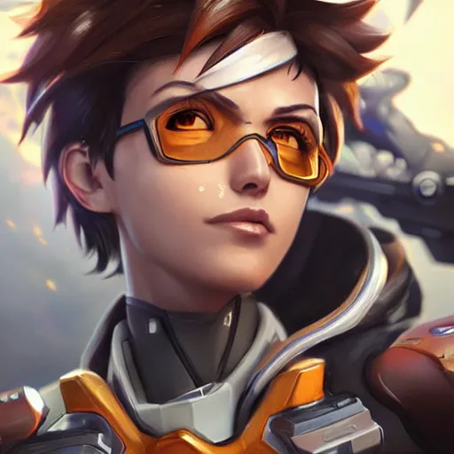 Prompt: tracer overwatch portrait, close up, concept art, intricate details, highly detailed photorealistic in the style of michael komarck, joel torres, seseon yoon, artgerm and warren louw