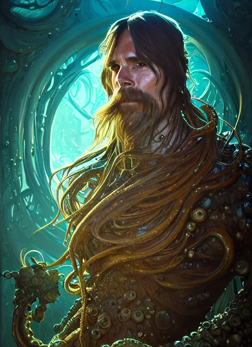 Image similar to portrait of davy jones, d & d, wet, shiny, fantasy, intricate, elegant, highly detailed, digital painting, artstation, concept art, smooth, sharp focus, illustration, art by artgerm and greg rutkowski and alphonse mucha