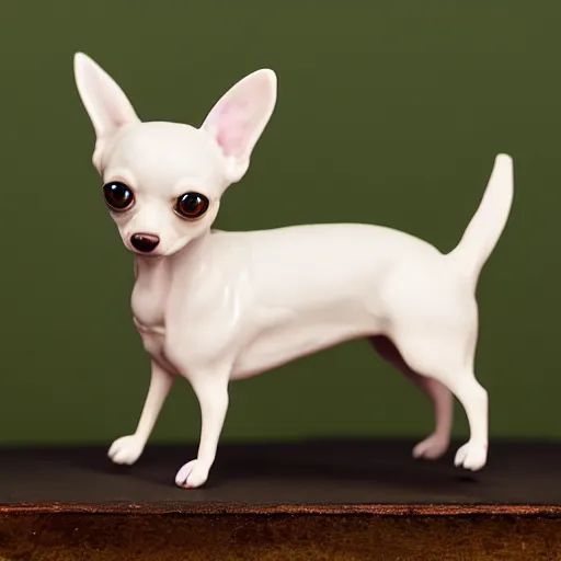 Prompt: A porcelain model of a chihuahua painted in an Emma Bridgewater pattern, sculpture, photograph, studio lighting, product photography, advertising photography, pottery, figurine, octane render –H 768