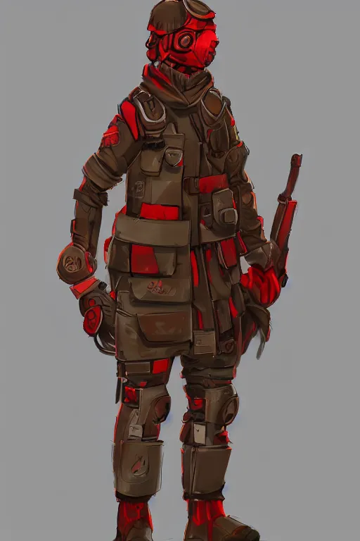 Prompt: post apocalypitc soldier, brown coat with red patches, red team, character concept art, digital art