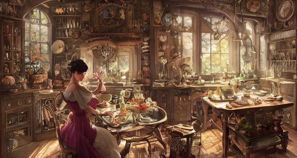 Prompt: a portrait of a fairy in a vintage magical kitchen, with one vintage book on a table, with a fireplace in the background d & d, fantasy, intricate, elegant, highly detailed, digital painting, artstation, concept art, smooth, sharp focus, illustration, art by artgerm and greg rutkowski and alphonse mucha