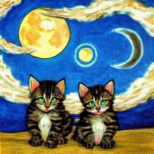 Image similar to kittens staring at the moon a starry night style