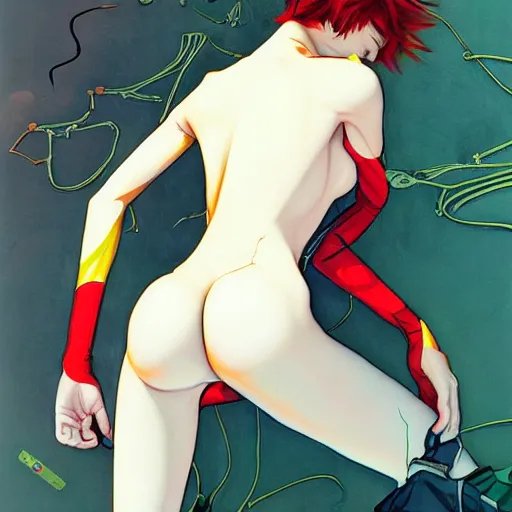 Prompt: thin androgynous girl with boy's body in catsuit. illustration by james jean and satoshi kon and erik jones, inspired by evangelion, smooth feature, intricate oil painting, high detail illustration, sharp high detail