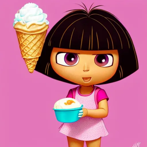 Prompt: dora the explorer as real girl holding ice cream, detailed, intricate complex background, Pop Surrealism lowbrow art style, mute colors, soft lighting, by Mark Ryden, artstation cgsociety
