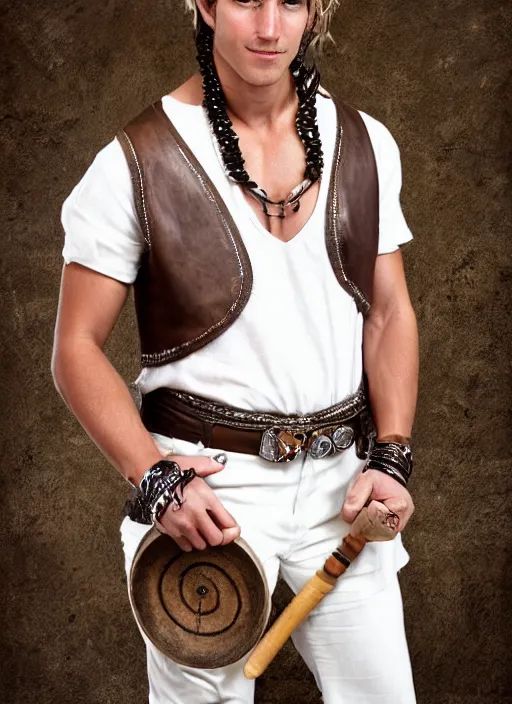 Prompt: a male ranger with a bongo drum and nunchucks,, dnd, wearing a leather vest and white linen pants, chiseled good looks, long swept back blond hair, puka shell necklace, digital art