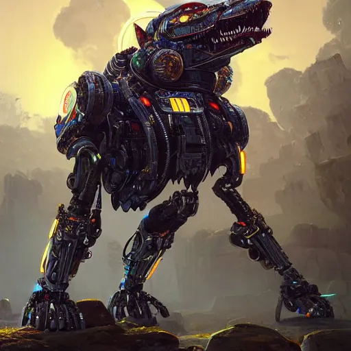Image similar to an angry cyborg wolf apex predator. robotic parts, mech, intricate, epic lighting, cinematic composition, hyper realistic, 8 k resolution, unreal engine 5, by artgerm, tooth wu, dan mumford, beeple, wlop, rossdraws, james jean, marc simonetti, artstation