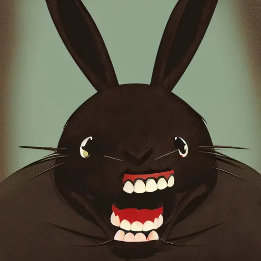 Image similar to A extremely highly detailed majestic hi-res beautiful, highly detailed head and shoulders portrait of a scary terrifying, horrifying, creepy black cartoon rabbit evil laughing standing up wearing pants and a shirt in the style of Walt Disney