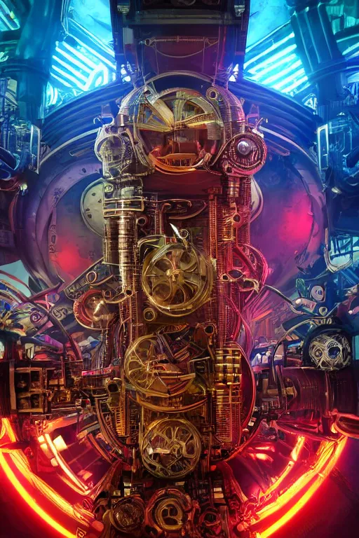 Image similar to a movieposter, moviename is tripmachine, photo of a huge futuristic steampunk generator inside a steampunk machinery, 8 k, fluorescent colors, halluzinogenic, multicolored, exaggerated detailed, 3 d render, octane