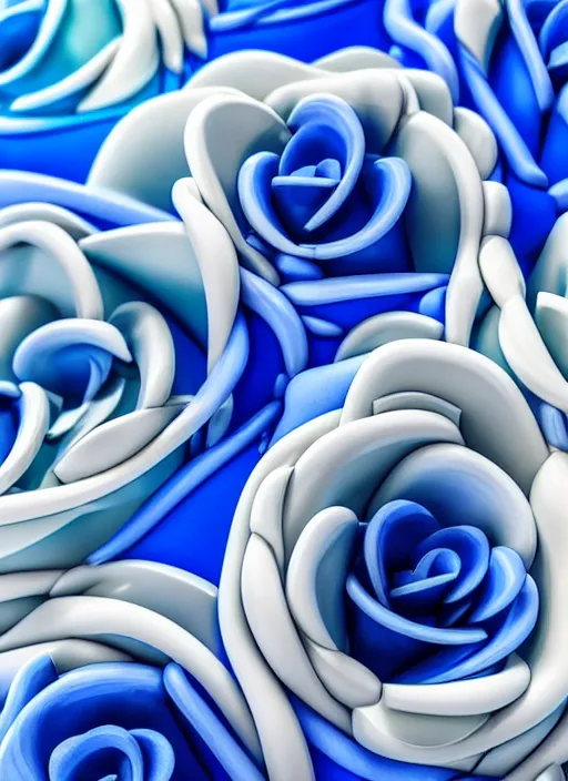 Image similar to clay pot standing in white enchanted coral garden of blue flowers, blue roses in an ivory room well contoured smooth fair walls, up close shot, sharp focus, global illumination, radiant light, zaha hadid octane highly render, 4 k, ultra hd,