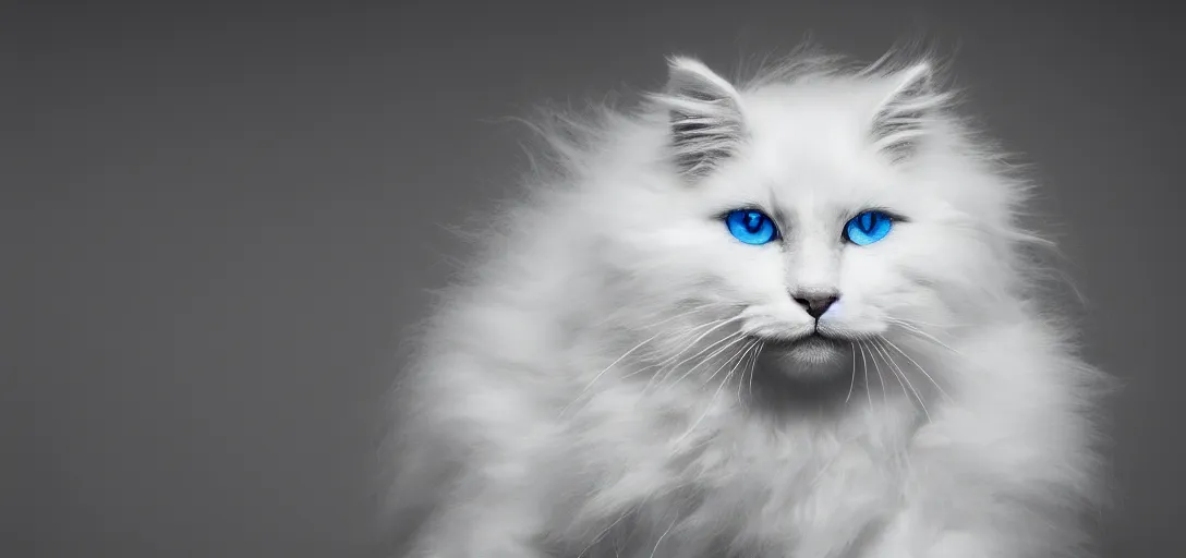Prompt: a dancing white fluffy cat, dramatic lighting, black and white, 4 k, ultra detailed, blue eyes, professional portrait