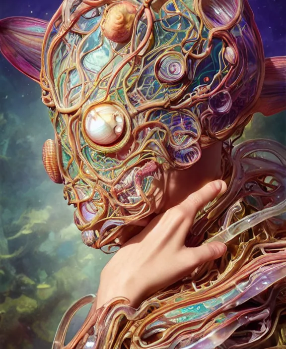 Image similar to intricate colorful transparent portrait of a terrifying beautiful alien sea creature, horns, shells, mottled coloring, adorable, childlike, anxiety environment, ultra realistic, concept art, art nouveau, photorealistic, octane render, 8 k, unreal engine. art by christopher marley and artgerm and greg rutkowski and alphonse mucha