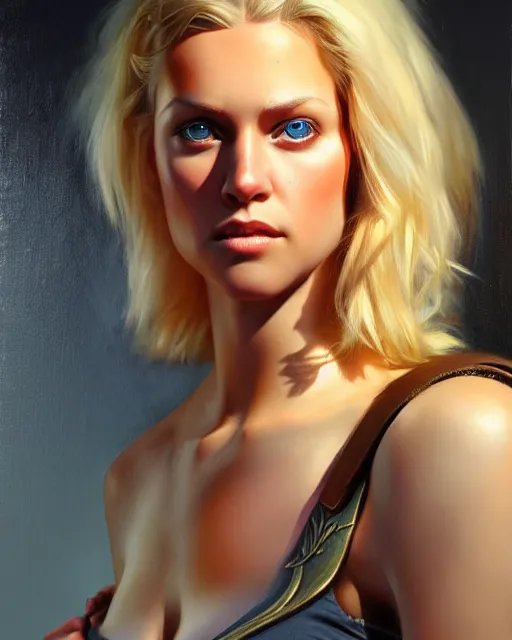 Image similar to full body character art of beautiful female huntress, pretty face, symmetrical features, short blonde hair, by james gurney, volumetric lighting, detailed, oil painting