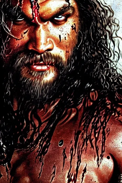 Image similar to closeup portrait of jason momoa conan the barbarian thor fighting zombies on a post apocalyptic battlefield, wearing royal crimson fantasy ornate spartan dragon scale armor, volumetric lighting, wet skin and windblown hair, muscular!!!, battle action pose, frank frazetta, boris vallejo, greg rutkowski cinematic light, frank miller, ridley scott, high contrast