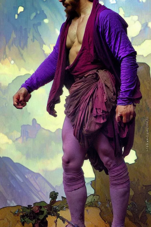 Image similar to A man wearing purple clothes, muscular, fantasy, painting by greg rutkowski and alphonse mucha