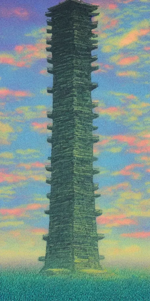 Image similar to “ a landscape pastel in the style of noriyoshi ohrai of an ancient holy tower, it has iridescent mana radiating from it. it is centered. the background is the sky at night. retrofuturistic fantasy ”