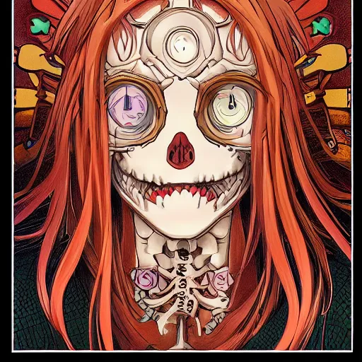 Prompt: anime manga skull portrait girl female skeleton illustration hyperrealistic art the Simpsons Geof Darrow and will cotton alphonse mucha pop art nouveau