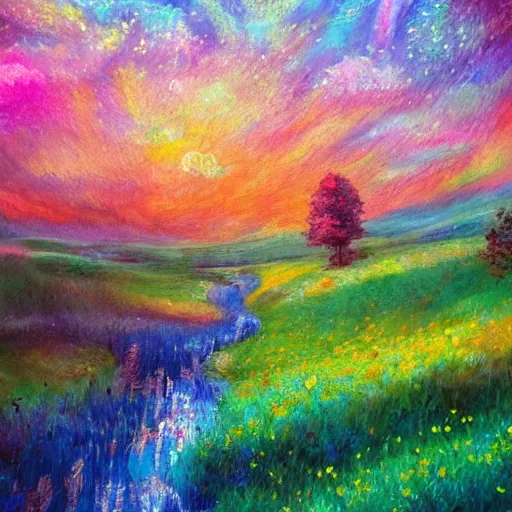 Image similar to an impressionist painting of a gorgeous meadow filled with colorful mushrooms with a stream flowing through it, psychedelic colors, colorful sky in background, high detail, trending on artstation