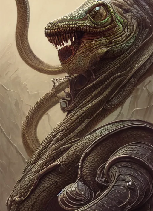 Prompt: robo - serpent downtown london mf doom reptile eyes, wild skin. intricate, elegant, highly detailed, centered, digital painting, artstation, concept art, smooth, sharp focus, illustration, artgerm, tomasz alen kopera, peter mohrbacher, donato giancola, joseph christian leyendecker, wlop, frank frazetta