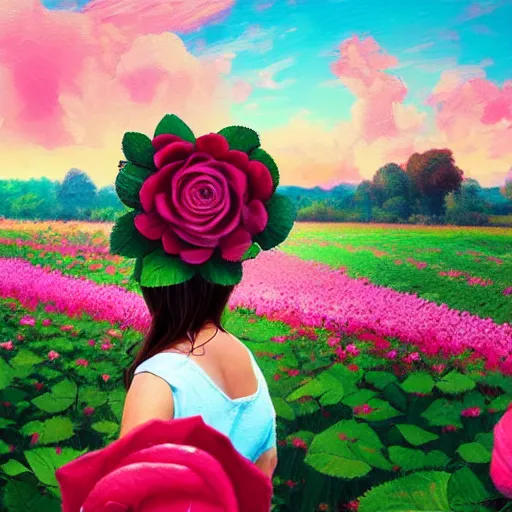 Image similar to large rose as a head, girl frontal in a flower field, surreal photography, sunrise dramatic light, impressionist painting, colorful clouds, digital painting, artstation, simon stalenhag