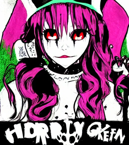 Prompt: horror acid colors, grim-hatter, a dark picture comic featuring blood horror and goth anime girls, anime vampires, evil horror vibes