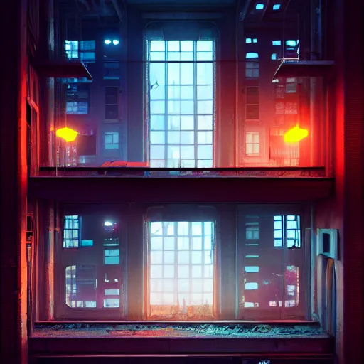 Image similar to One dilapidated building with only one window glowing. ArtStation, Cyberpunk, Vertical Symmetry, 8K, Highly Detailed, Intricate, Album Art.