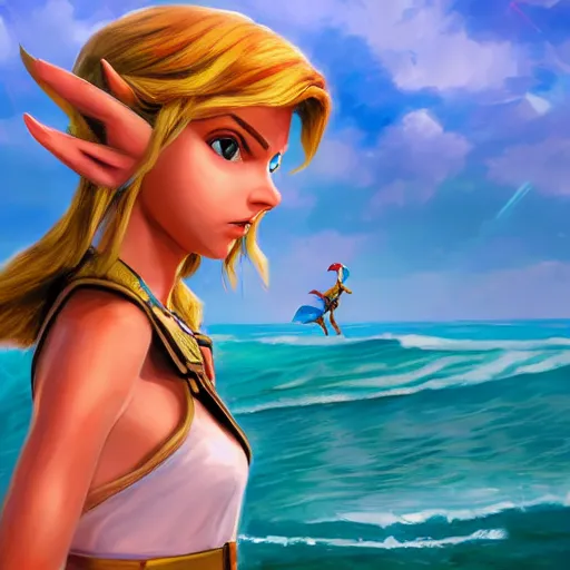 Prompt: a hyper real comic book style portait painting of zelda on the beach with link walking inside the ocean, unreal 5, hyperrealistic, octane render, cosplay, rpg portrait, dynamic lighting