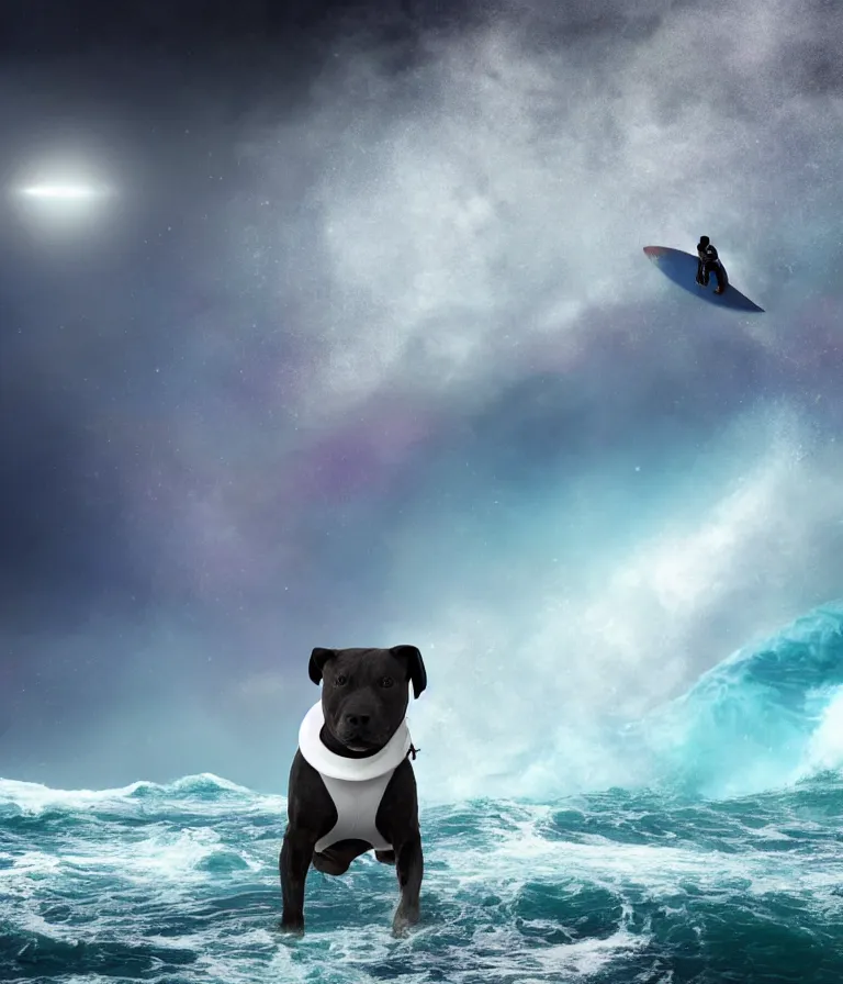 Image similar to photo of a dark gray coat pit bull with a white paws and a white nose!, surfing on a surfboard in a crashing wave of alien ocean in space, background is an alien galaxy, aliens in the background, alien colors, octane render, unreal engine, wide view, 8 k, highly detailed