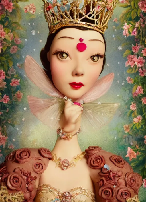 Image similar to closeup face profile portrait of tin toy vivien leigh as a fairytale princess wearing a crown eating cakes, bikini, depth of field, zeiss lens, detailed, symmetrical, centered, fashion photoshoot, by nicoletta ceccoli, mark ryden, lostfish, breathtaking, 8 k resolution, extremely detailed, beautiful, establishing shot, artistic, hyperrealistic, octane render