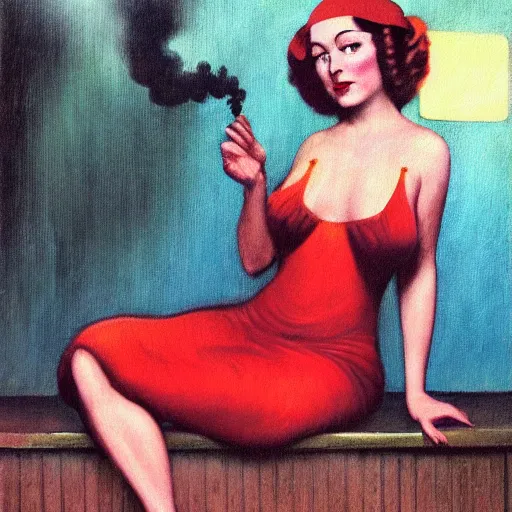 Image similar to oil painting of realistic woman, 1 9 3 0 s decopunk penthouse pleasure factory, rain and smoke, dramatic lighting, tech noir, wet skin, atmospheric, ambient, rupert everton, wlop, george tooker, gil elvgren, alexis flower, hopper, mucha, peter max, livia prima,