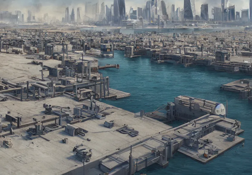 Prompt: a modern harbor with a concrete dock and a storage facility, european city skyline, summer season, very hot, dry desert, large sun in sky, architecture, a realistic digital painting by greg rutkowski and james gurney, trending on artstation, highly detailed