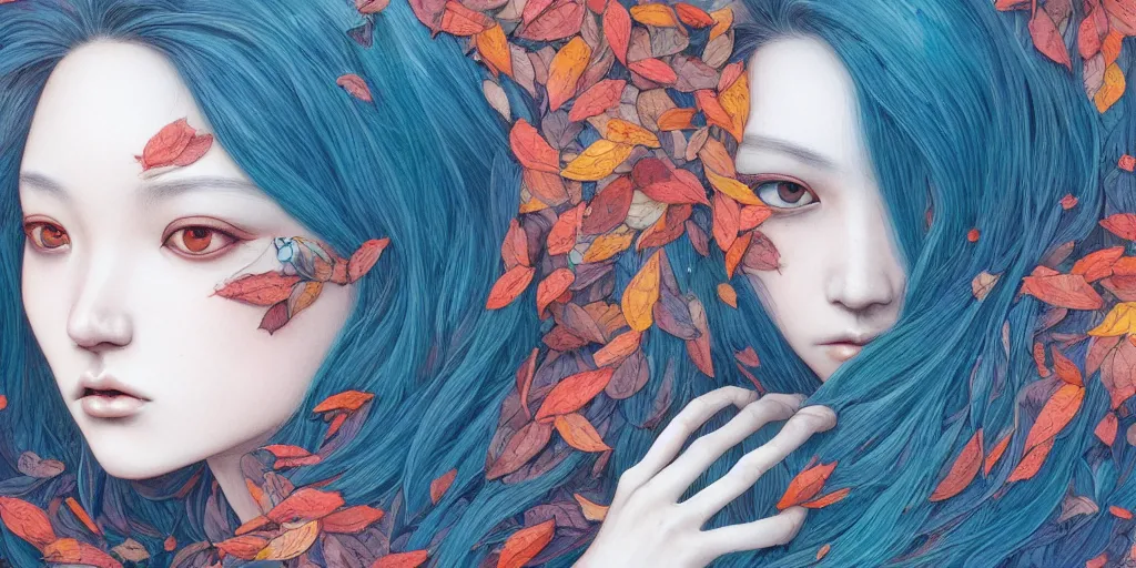 Image similar to breathtaking detailed concept art painting pattern of blue hair faces goddesses amalgamation autumn leaves with anxious piercing eyes, by hsiao - ron cheng and james jean, pastel colors, bizarre compositions, exquisite detail, 8 k