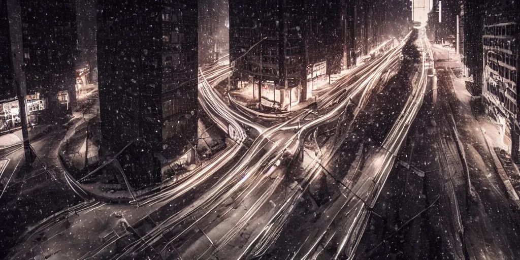 Image similar to a city street at night, snowing, photograph, cyberpunk, sharp focus, intricate detail, Desolate, drone shot, high resolution, 8k neon streetlights