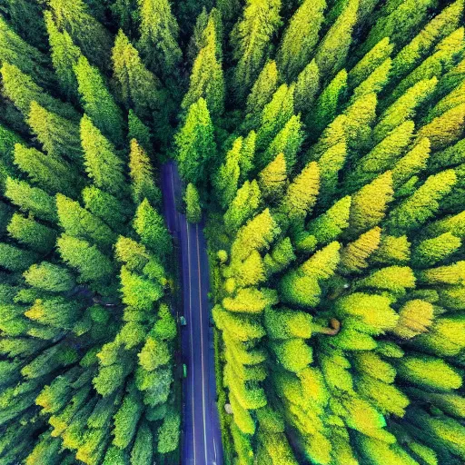 Prompt: areal drone shot of a road and forrest