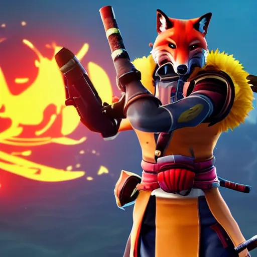 Prompt: fox samurai Fortnite character skin in front of battle bus