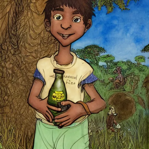Image similar to award winning julia donaldson and rebecca guay style illustration drawing of a friendly south african boy and is little brother who holds a hazardous bottle, in a sunny african urban township environment in the 1 9 9 0's.