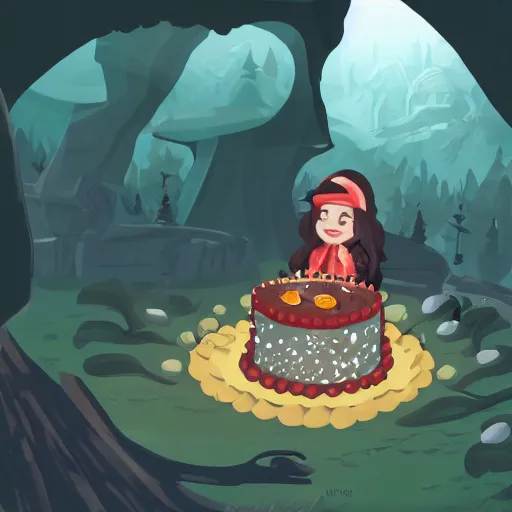 Image similar to an adventurer finding a cake in a dark mysterious cave