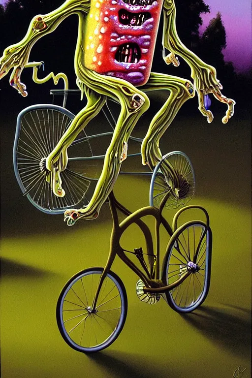 Prompt: a hyperrealistic painting of a translucent jelly zombie creature riding a bicycle through a suburban neighborhood on a sunny day, by chris cunningham and richard corben, highly detailed, vivid color,