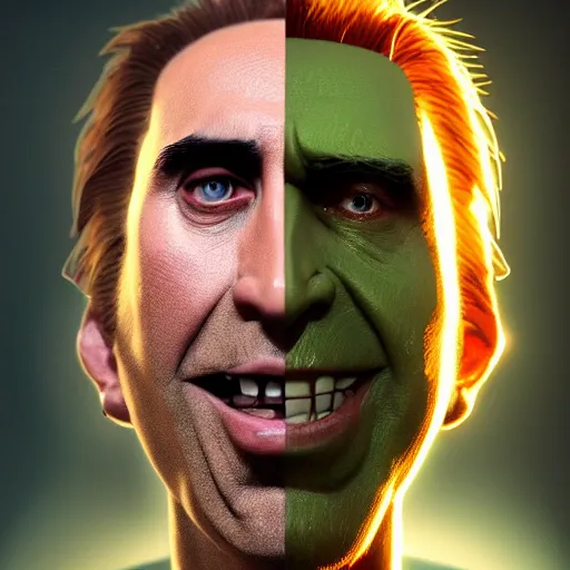 Prompt: portrait of nicholas cage as the goblin king, green skin, long sharp ears and nose, mattepainting concept blizzard pixar maya engine on stylized background splash comics global illumination lighting artstation, sharp focus, lois van baarle, ilya kuvshinov, rossdraws